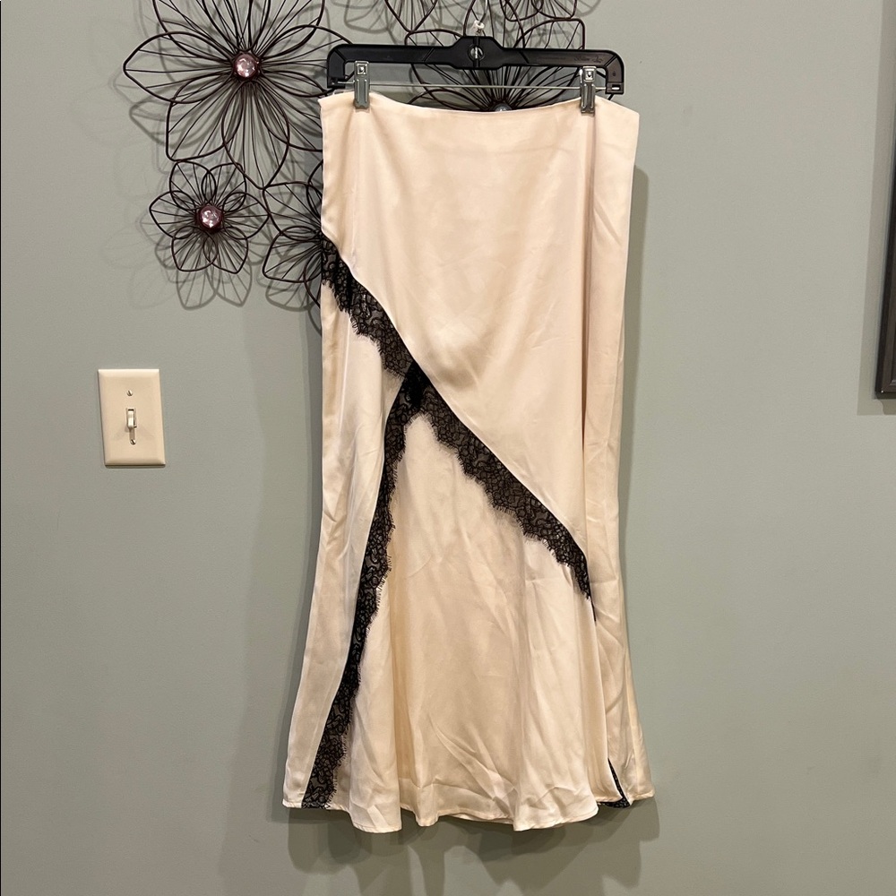 Cider Cream Satin Asymmetrical Skirt with Black Lace Trim